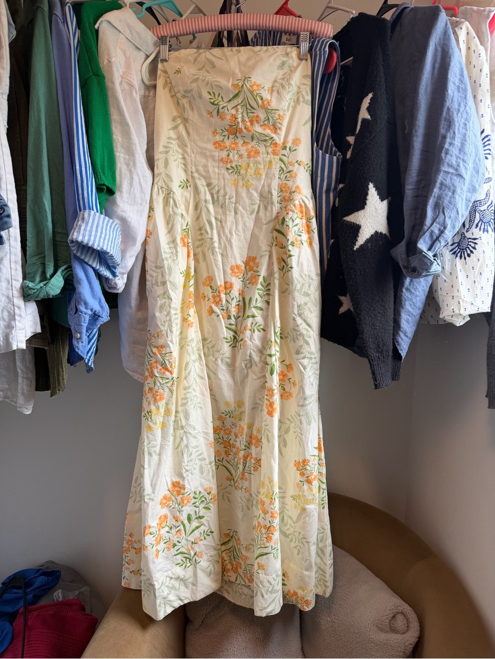 Strapless Floral Maxi Dress in Cream and Orange